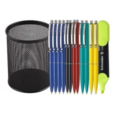 Set Office Premium - 12 Pixuri Schneider cu mecanism retractabil, Scriere Albastra, Suport Metalic Cilindric Negru si Textmarker Schneider