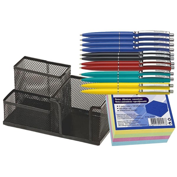 Set Office Premium - 12 Pixuri Schneider cu mecanism retractabil, Scriere Albastra - Suport metalic Negru si Cub color
