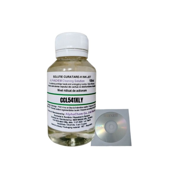 Flacon Solutie de curatare cu nivel mare de actionare AlphaChem Compatibil Canon CL-541XLY Galben 100ml, pentru inmuierea capului de cartus si desfundarea duzelor , 1buc Cdr Maxell cu plic