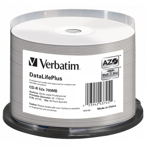CD-R disc Verbatim 700MB/80minute 52x spindle printabil AZO CRYSTAL 50 bucati non-id