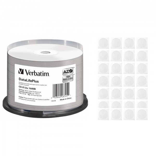 CD-R disc Verbatim 700MB/80minute 52x spindle printabil AZO CRYSTAL 50 bucati cu 50 plicuri non-id