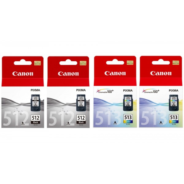 Pachet Cartuse Cerneala Original Canon 2x PG-512B Negru, 2x CL-513 Color, 56 ml si pix Schneider