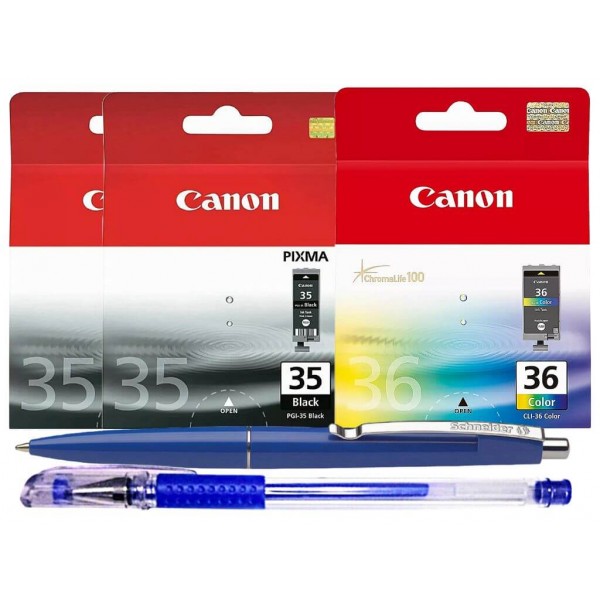 Pachet Cartuse Cerneala Original Canon 2x PGI-35B Negru, 1x CLI-36 Color, 30.6 ml si pix Schneider