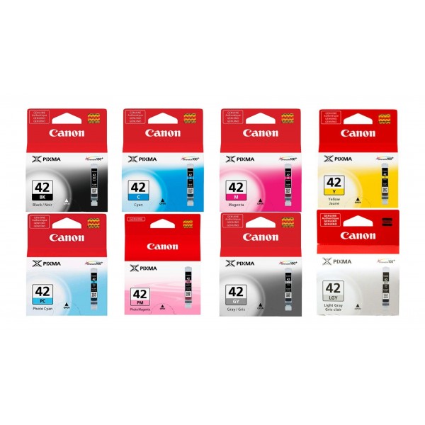 Pachet Cartuse Cerneala Original Canon 1x CLI-42B Negru, 1x CLI-42C Cyan, 1x CLI-42M Magenta, 1x CLI-42Y Galben, 1x CLI-42LGY Light Gri, 1x CLI-42GY Gri, 1x CLI-42PM Magenta foto, 1x CLI-42PC Cyan foto, 104 ml si pix Schneider