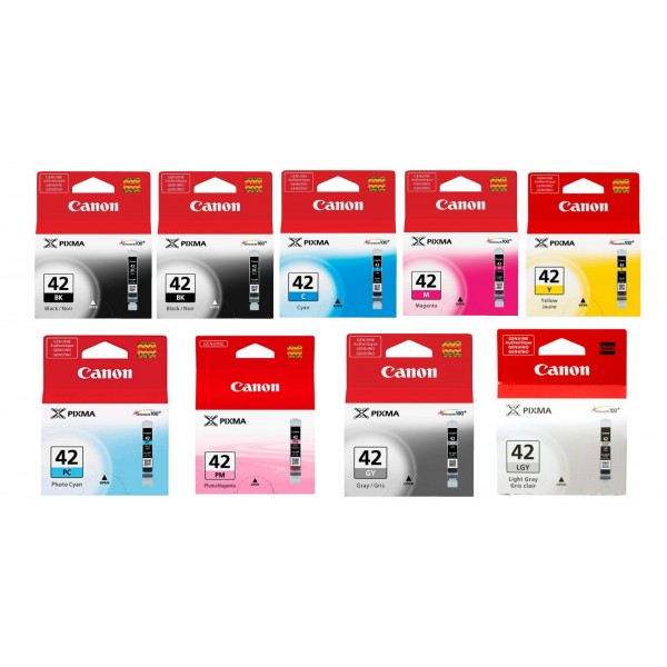 Pachet Cartuse Cerneala Original Canon 2x CLI-42B Negru, 1x CLI-42C Cyan, 1x CLI-42M Magenta, 1x CLI-42Y Galben, 1x CLI-42LGY Light Gri, 1x CLI-42GY Gri, 1x CLI-42PM Magenta foto, 1x CLI-42PC Cyan foto, 117 ml si pix Schneider