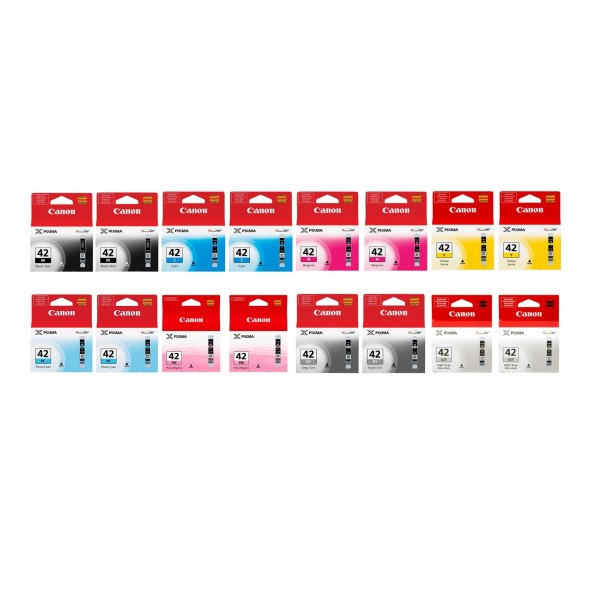 Pachet Cartuse Cerneala Original Canon 2x CLI-42B Negru, 2x CLI-42C Cyan, 2x CLI-42M Magenta, 2x CLI-42Y Galben, 2x CLI-42LGY Light Gri, 2x CLI-42GY Gri, 2x CLI-42PM Magenta foto, 2x CLI-42PC Cyan foto, 208 ml si pix Schneider