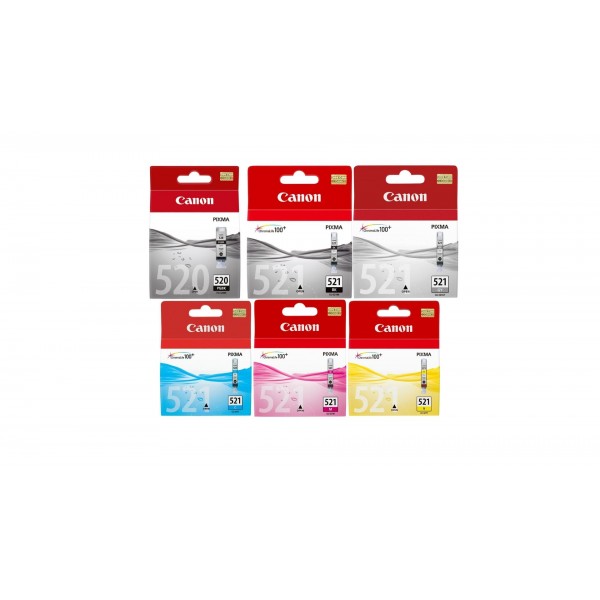Pachet Cartuse Cerneala Original Canon 1x PGI-520B Negru, 1x CLI-521B Negru, 1x CLI-521C Cyan, 1x CLI-521M Magenta, 1x CLI-521Y Galben, 1x CLI-521GY Gri, 64 ml si pix Schneider