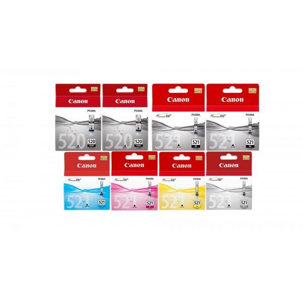 Pachet Cartuse Cerneala Original Canon 2x PGI-520B Negru, 2x PGI-520B Negru, 1x CLI-521C Cyan, 1x CLI-521M Magenta, 1x CLI-521Y Galben, 1x CLI-521GY Gri, 92 ml si pix Schneider