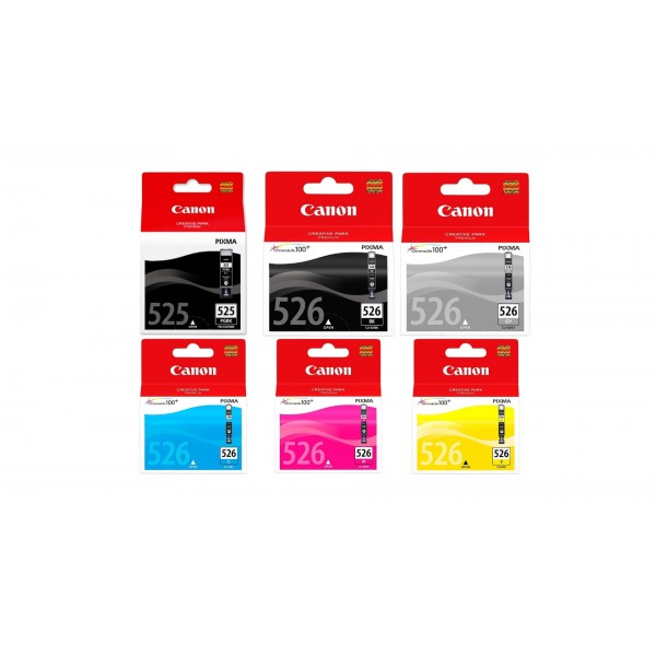 Pachet Cartuse Cerneala Original Canon 1x PGI-525B Negru, 1x CLI-526B Negru, 1x CLI-526C Cyan, 1x CLI-526M Magenta, 1x CLI-526Y Galben, 1x CLI-526GY Gri, 64 ml si pix Schneider