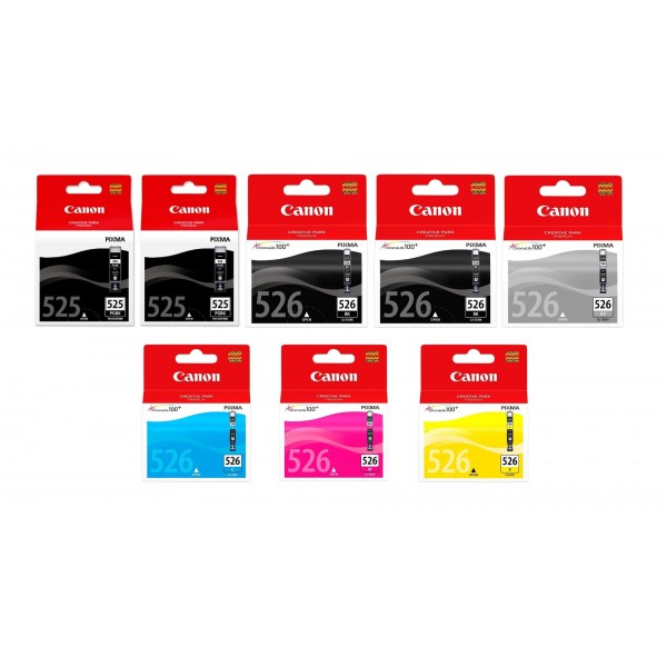 Pachet Cartuse Cerneala Original Canon 2x CLI-526B Negru, 2x CLI-526B Negru, 1x CLI-526C Cyan, 1x CLI-526M Magenta, 1x CLI-526Y Galben, 1x CLI-526GY Gri, 92 ml si pix Schneider