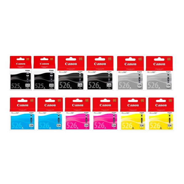 Pachet Cartuse Cerneala Original Canon 2x CLI-526B Negru, 2x CLI-526B Negru, 2x CLI-526C Cyan, 2x CLI-526M Magenta, 2x CLI-526Y Galben, 2x CLI-526GY Gri, 128 ml si pix Schneider