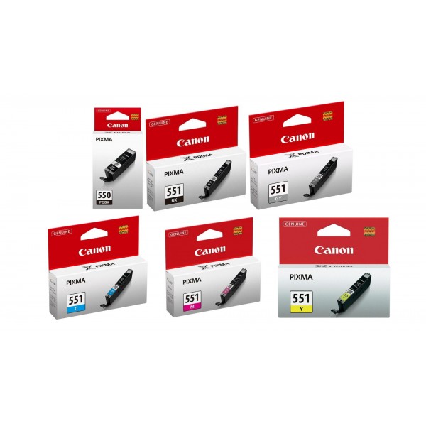 Pachet Cartuse Cerneala Original Canon 1x PGI-550B Negru, 1x CLI-551B Negru, 1x CLI-551C Cyan, 1x CLI-551M Magenta, 1x CLI-551Y Galben, 1x CLI-551GY Gri, 50 ml si pix Schneider