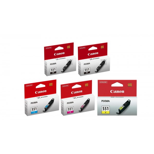 Pachet Cartuse Cerneala Original Canon 2x CLI-551B Negru, 1x CLI-551C Cyan, 1x CLI-551M Magenta, 1x CLI-551Y Galben, 35 ml si pix Schneider