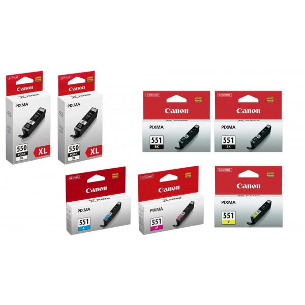 Pachet Cartuse Cerneala Original Canon 2x PGI-550XLB Negru, 2x PGI-550XLB Negru, 1x CLI-551C Cyan, 1x CLI-551M Magenta, 1x CLI-551Y Galben, 79 ml si pix Schneider
