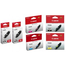 Pachet Cartuse Cerneala Original Canon 2x PGI-550XLB Negru, 1x PGI-550XLB Negru, 1x CLI-551C Cyan, 1x CLI-551M Magenta, 1x CLI-551Y Galben, 72 ml si pix Schneider