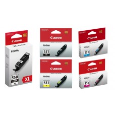 Pachet Cartuse Cerneala Original Canon 1x PGI-550XLB Negru, 1x CLI-551B Negru, 1x CLI-551C Cyan, 1x CLI-551M Magenta, 1x CLI-551Y Galben, 50 ml si pix Schneider