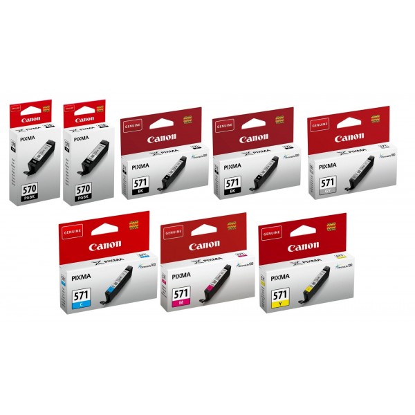 Pachet Cartuse Cerneala Original Canon 2x PGI-570B Negru, 2x PGI-570B Negru, 1x CLI-551C Cyan, 1x CLI-551M Magenta, 1x CLI-571Y Galben, 1x CLI-571GY Gri, 72 ml si pix Schneider