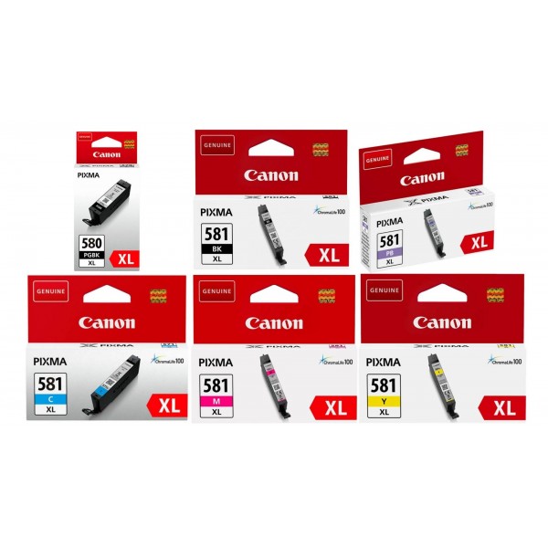 Pachet Cartuse Cerneala Original Canon 1x PGI-580XLB Negru, 1x CLI-581XLB Negru, 1x CLI-581XLC Cyan, 1x CLI-581XLM Magenta, 1x CLI-581XLY Galben, 1x CLI-581PB Photo Blue, 57.3 ml si pix Schneider