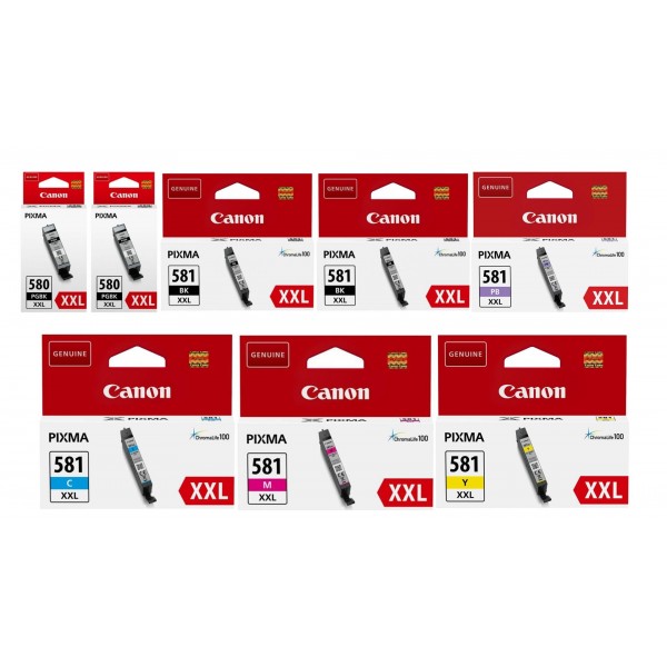 Pachet Cartuse Cerneala Original Canon 2x PGI-580XXLB Negru, 2x PGI-580XXLB Negru, 1x CLI-581XXLC Cyan, 1x CLI-581XXLM Magenta, 1x CLI-581XXLY Galben, 1x CLI-581XXLPB Photo Blue, 121.6 ml si pix Schneider
