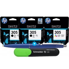 Set Cartus Cerneala Original HP 305 2x 3YM61AE Negru + 1x 3YM60AE Color 340 pagini cu Pix Schneider si Textmarker Schneider