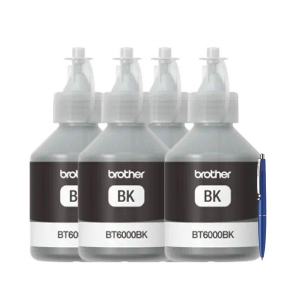 Set Flacon cerneala Brother Original 4x BT6000BK Negru 24000 pagini si pix Schneider