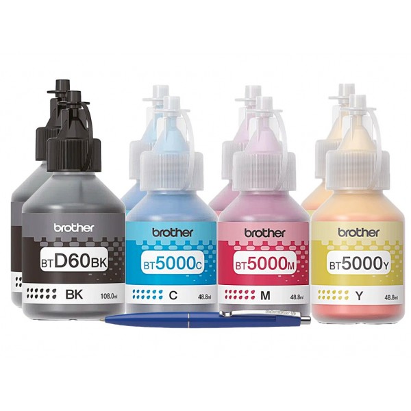 Set Flacon cerneala Brother Original 2x BTD60BK Negru 2x BT5000C Cyan 2x BT5000M Magenta 2x BT5000Y Galben 43000 pagini si pix Schneider Compatibil Brother DCP si MFC Series