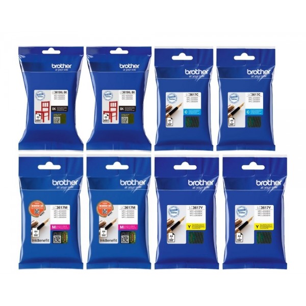 Set Cartus cerneala Brother Original 2x LC3619XLBK Negru 2x LC3617C Cyan 2x LC3617M Magenta 2x LC3617Y Galben 9300 pagini si pix Schneider