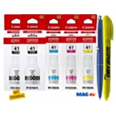 Pachet Flacon cerneala Original Canon 2x GI-41B Negru, 1x GI-41C Cyan, 1x GI-41M Magenta, 1x GI-41Y Galben, 35100 pagini + Pix Schneider si Textmarker Non Toxic