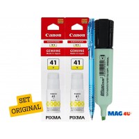 Pachet Flacon cerneala Original Canon 2x GI-41Y Galben 15400 pagini + Pix cu mecanism si Textmarker OfficeCover