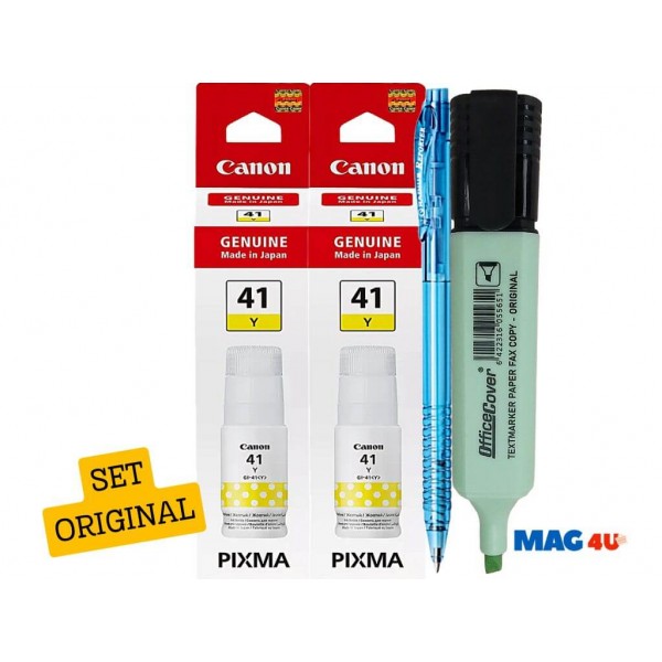 Pachet Flacon cerneala Original Canon 2x GI-41Y Galben 15400 pagini + Pix cu mecanism si Textmarker OfficeCover