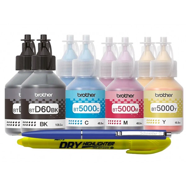 Set Flacoane Cerneala Brother Original 2x BTD60BK Negru 2x BT5000C Cyan 2x BT5000M Magenta 2x BT5000Y Galben 43000 Pagini Pix Schneider si Textmarker Non Toxic Compatibil Brother DCP si MFC Series