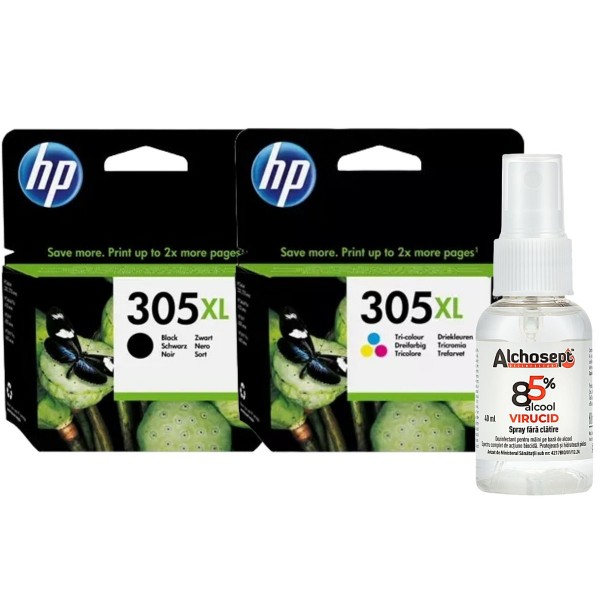 Set Cartus Cerneala HP 305 XL 1x 3YM62AE Negru XL + 1x 3YM63AE Color XL 440 pagini cu Dezinfectant ALCHOSEPT 40 ml