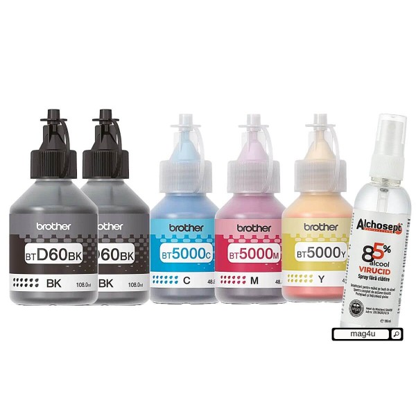 Set Flacon Cerneala Brother Original 2x BTD60BK Negru BT5000C Cyan BT5000M Magenta BT5000Y Galben 28000 pagini si Dezinfectant Alchosept 100ml Compatibil Brother DCP si MFC Series
