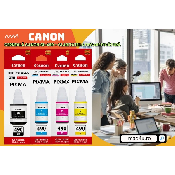 Set Cartuse Cerneala Original Canon 1xGI-490B Negru, 1xGI-490C Cyan, 1xGI-490M Magenta, 1xGI-490Y Galben, 345 ml, Pix Schneider si Pix Radius