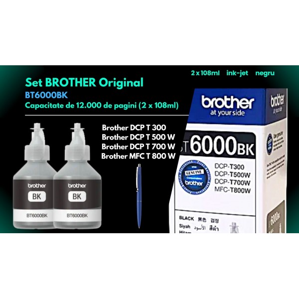 Set Cartus cerneala Brother Original 2x BT6000BK Negru 12000 pagini si pix Schneider