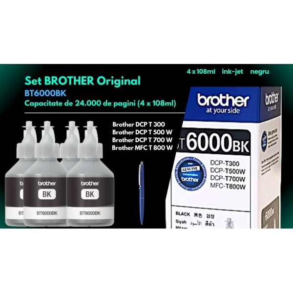 Set Flacon cerneala Brother Original 4x BT6000BK Negru 24000 pagini si pix Schneider
