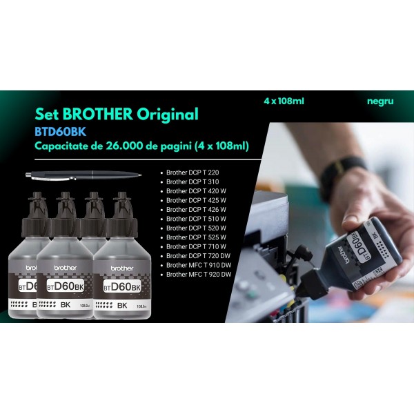 Set Flacon cerneala Brother Original 4x BTD60BK Negru 26000 pagini si pix Schneider Compatibil Brother DCP si MFC Series