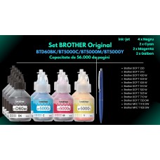 Set  Flacon cerneala Brother Original 4x BTD60BK Negru 2x BT5000C 2x BT5000M Magenta 2x BT5000Y Galben 56000 pagini si pix Schneider